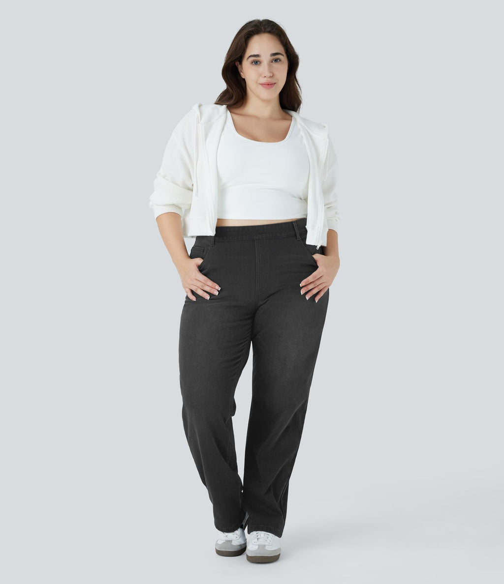 Jean décontracté Halara Flex™ grande taille, taille haute, multiples poches, jambes droites, effet délavé, en maille extensible