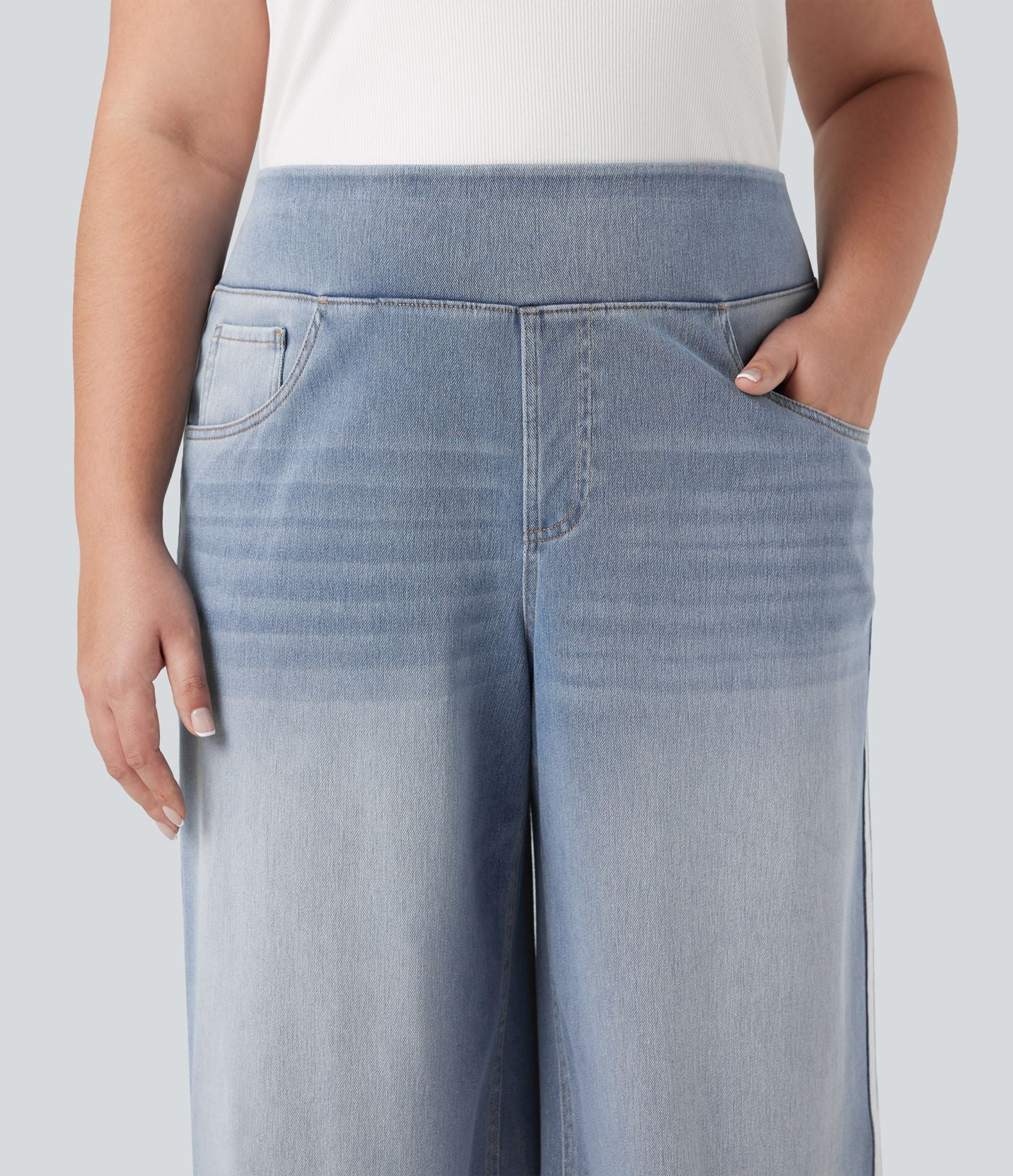 Halara Flex™ Jean large fluide taille haute à rayures délavé décontracté grande taille avec poches