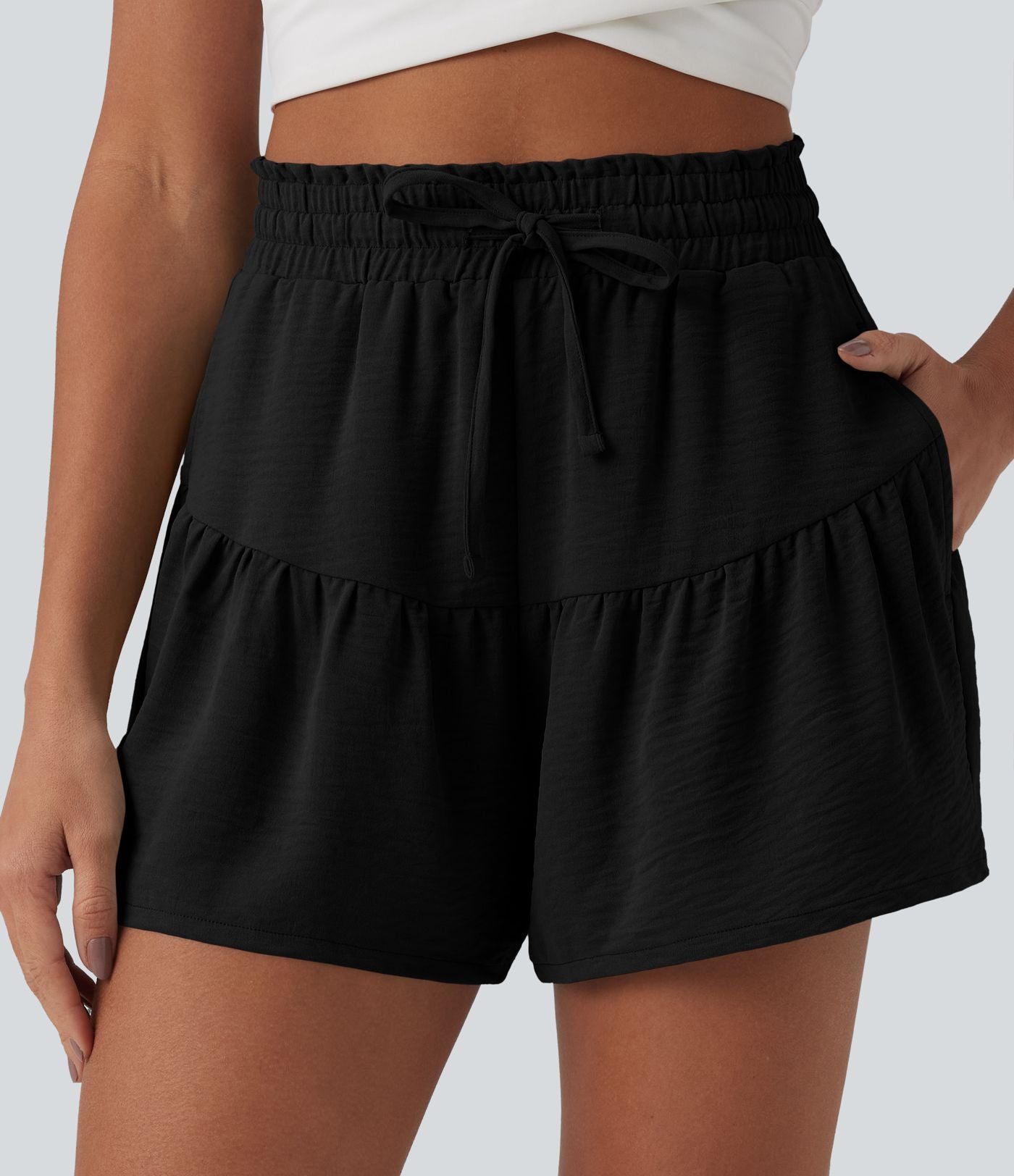 Short casual taille haute aspect lin volants avec cordon de serrage et poches 9 cm