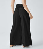 Pantalon décontracté palazzo en maille gaufrée, fluide, large, plissé, taille haute, avec poches