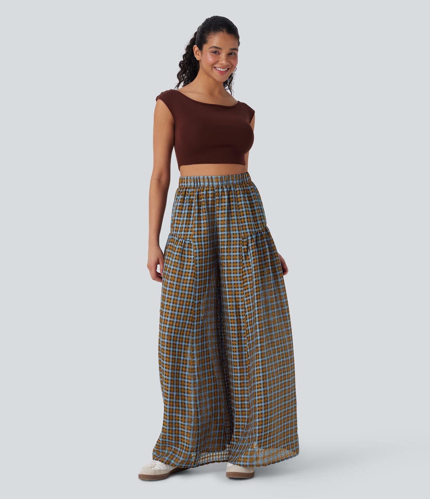 Pantalon décontracté à carreaux taille haute coupe ample avec poches latérales