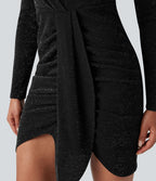 Robe mini manches longues, col rond, drapée, moulante, effet sparkle