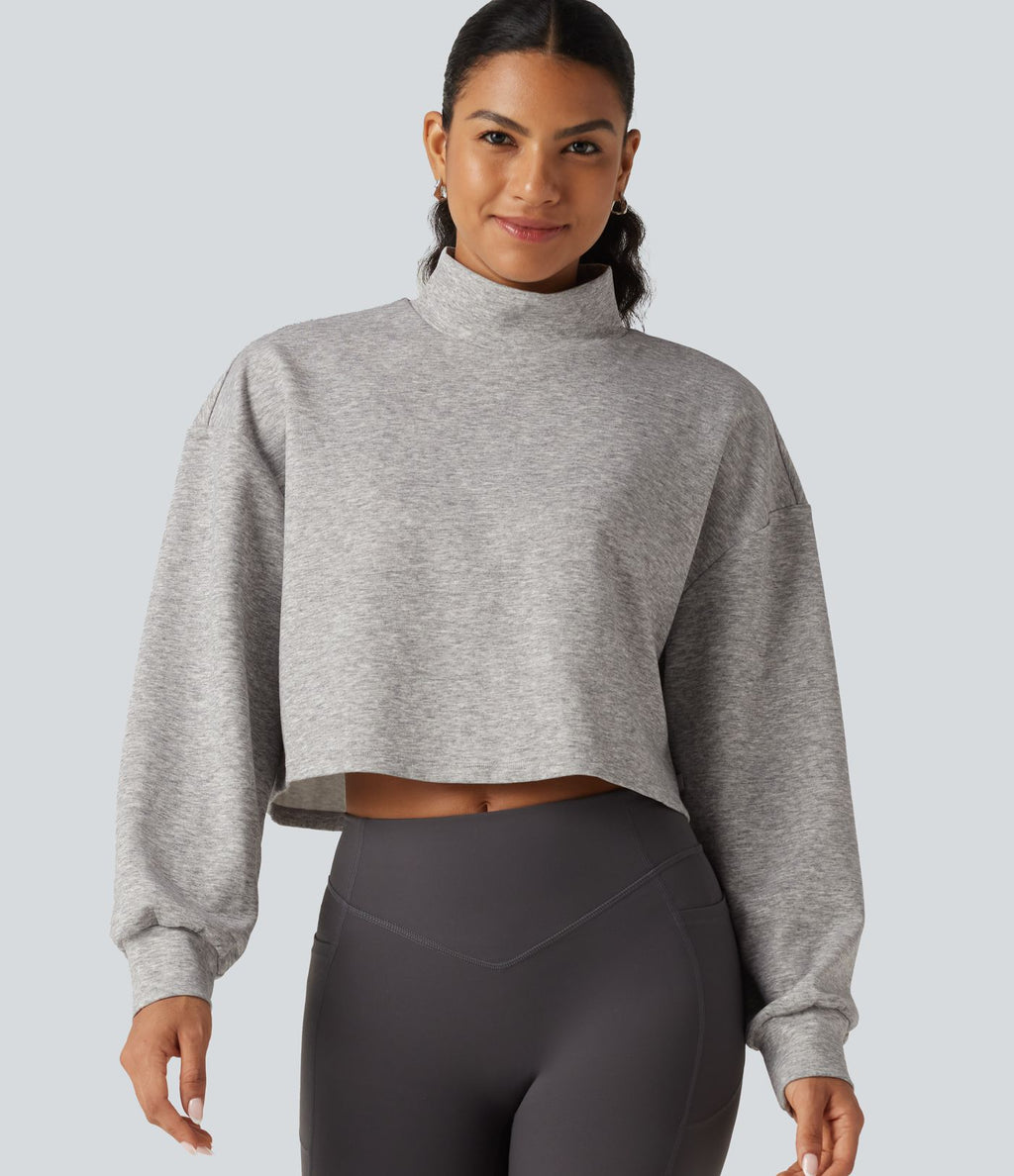 Sweat crop top col montant avec manches longues et coupe décontractée