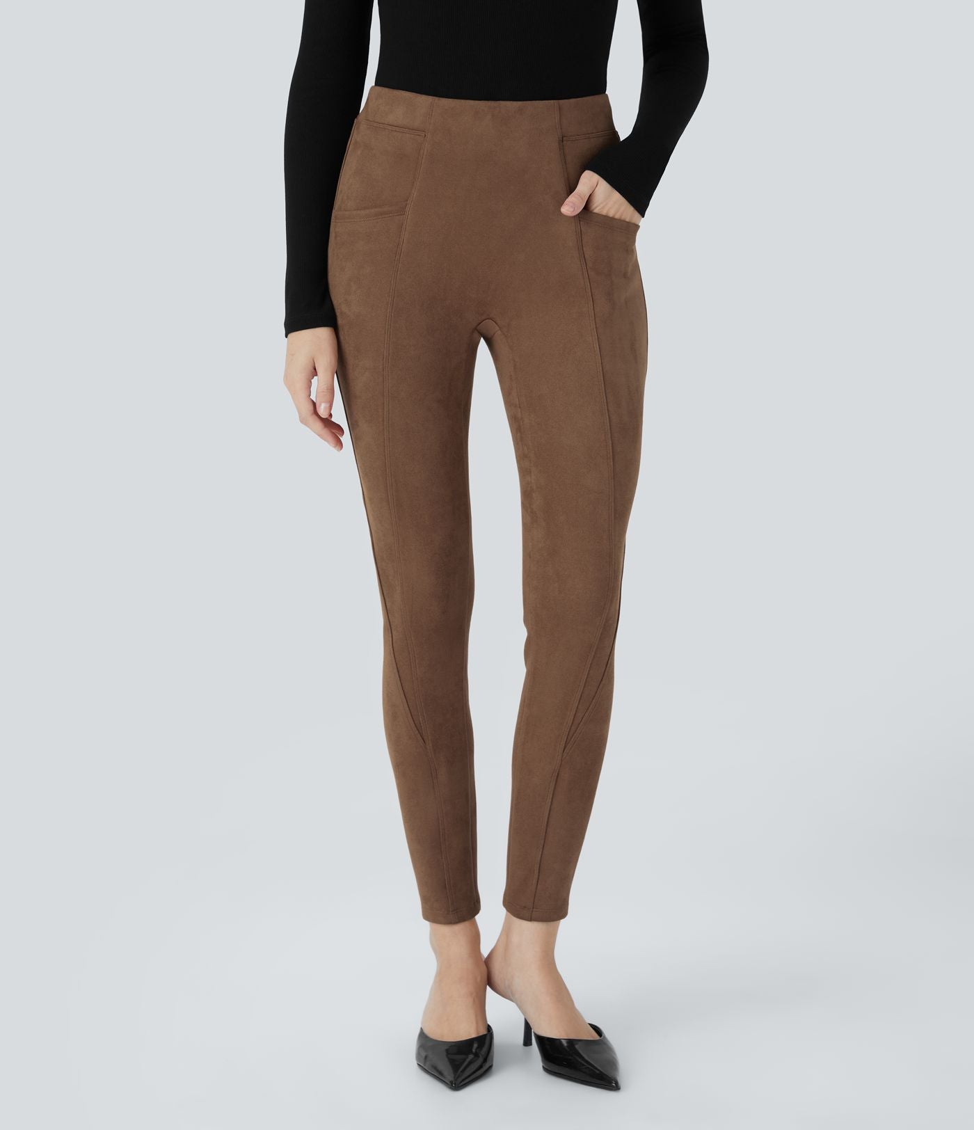 Legging décontracté en suédine taille haute, gainant, avec poches latérales