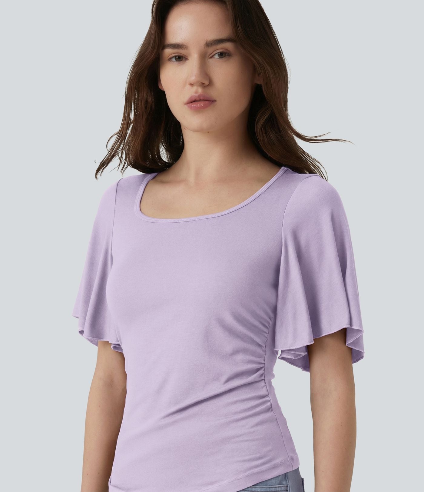 T-shirt décontracté maille côtelée col carré manches papillon froncé