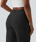 Pantalon taille haute coupe droite effet lin avec poches