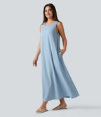 Robe débardeur midi décontractée à col rond sans manches avec soutien-gorge intégré en tissu froissé vichy avec poches