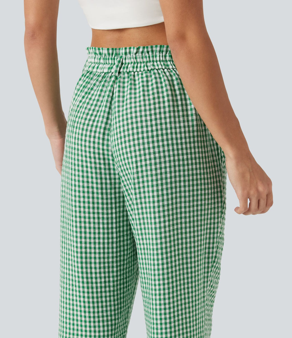 Pantalon 7/8 décontracté aspect lin à carreaux taille haute avec poches