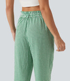Pantalon 7/8 décontracté aspect lin à carreaux taille haute avec poches