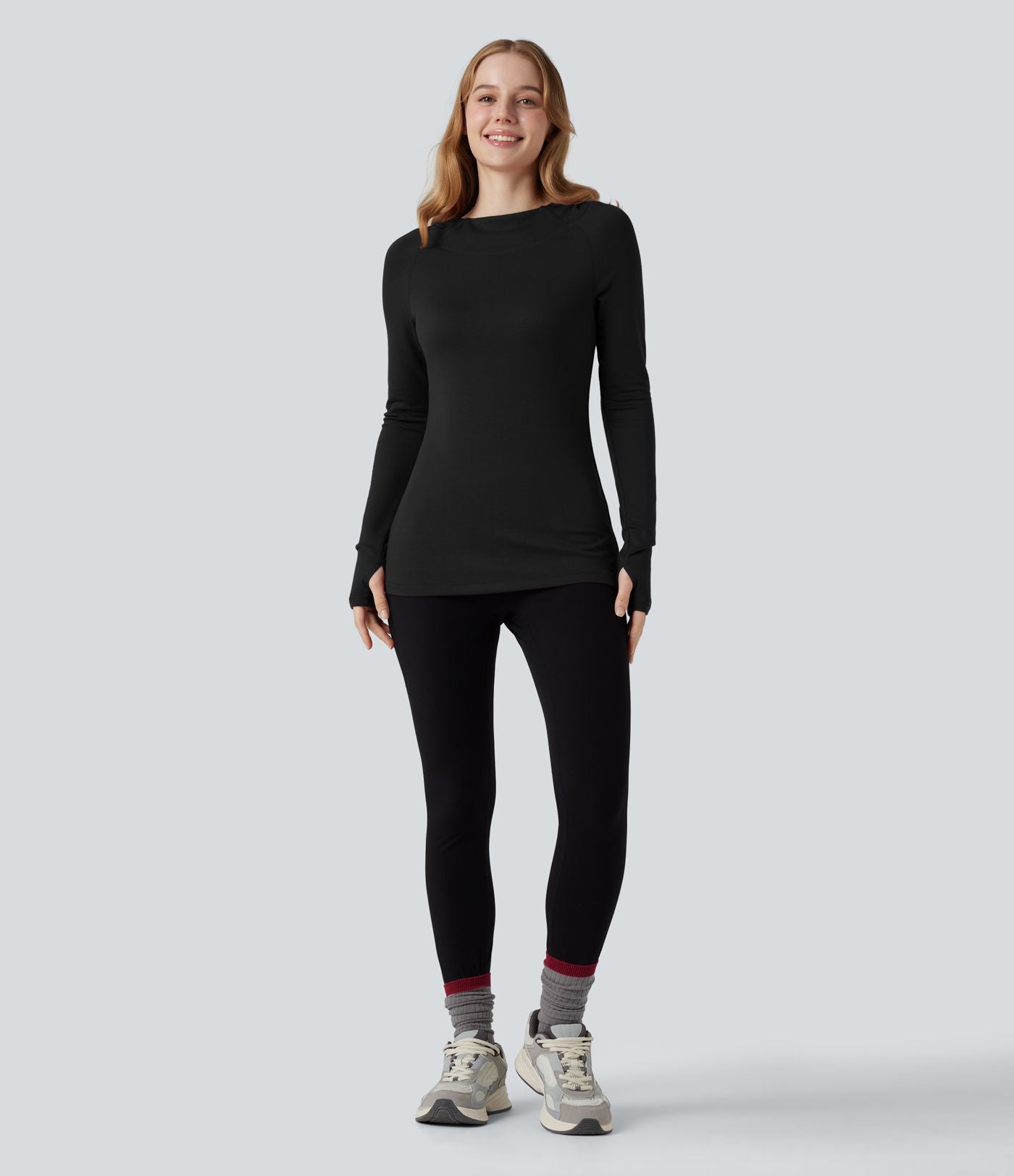 Haut de sport yoga chauffant à capuche à manches longues avec passants pouces Halara HeatCore