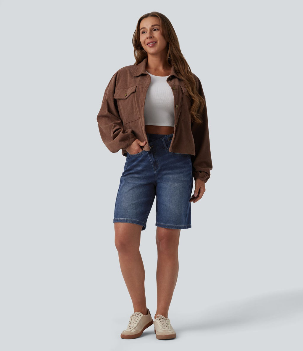 Short denim décontracté Halara Flex™ asymétrique délavé taille haute 23 cm avec poches
