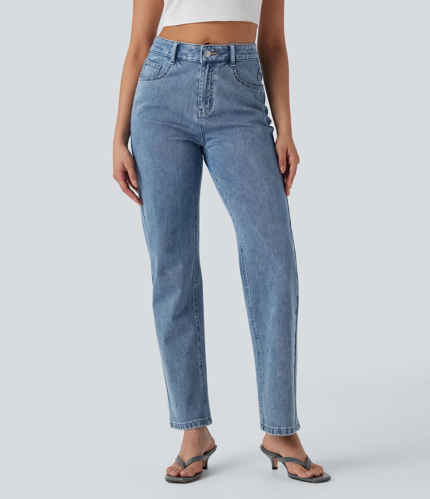 Halara Flex™ Jean droit extensible à taille haute avec bouton, fermeture éclair et poches multiples