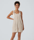 Salopette short casual rayée à toucher lin avec bretelles nouées et poches