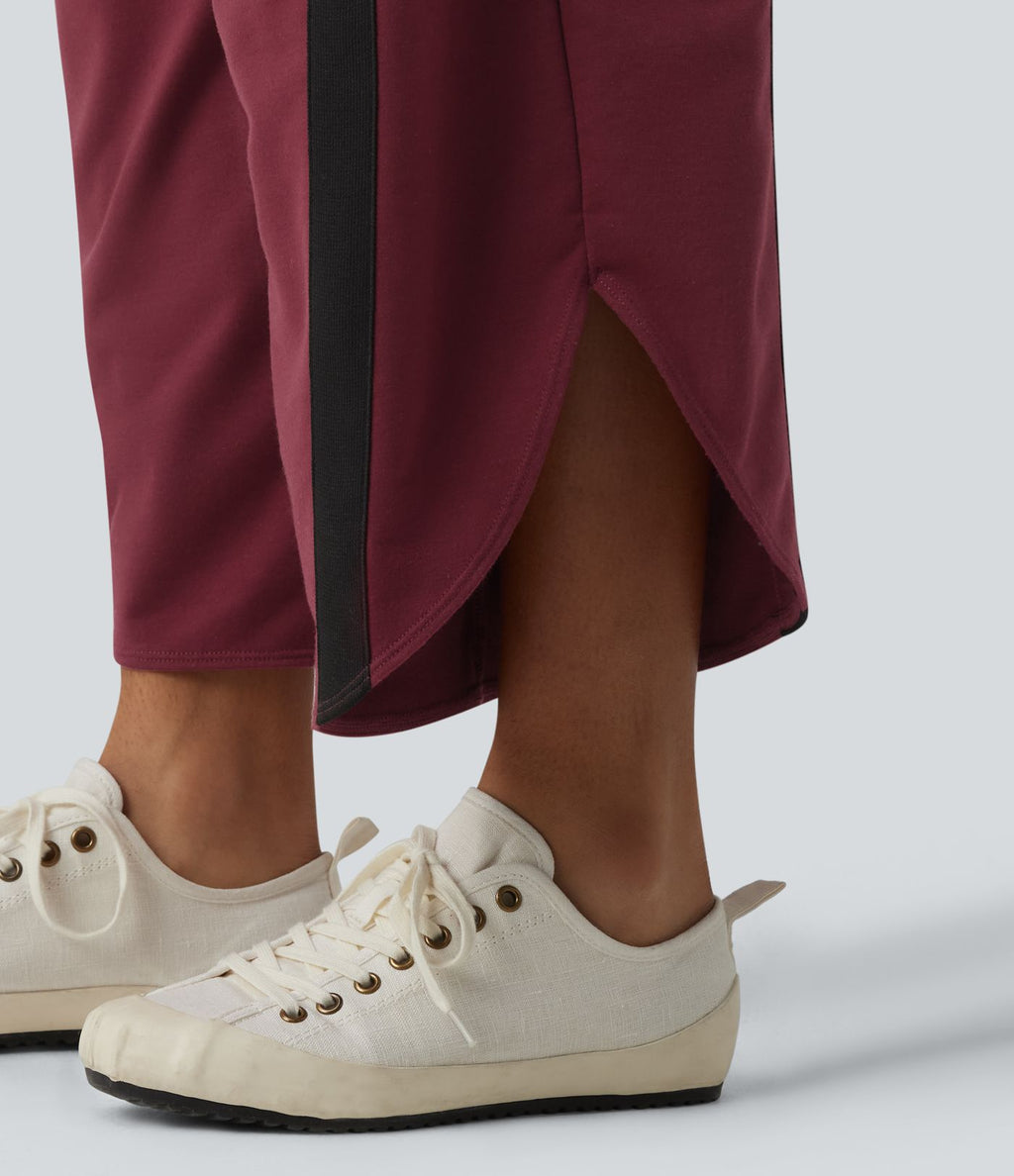 Pantalon de jogging casual large color block taille haute avec cordon de serrage, ourlet courbe et poches