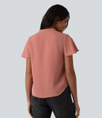 Blouse casual col V à manches volantées et ourlet arrondi