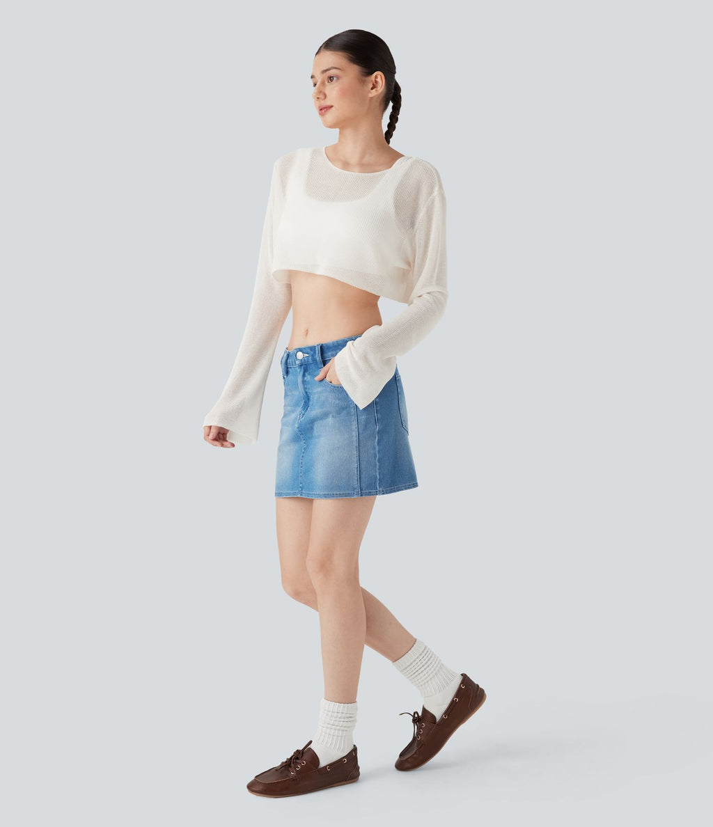 Pull décontracté transparent crop top encolure arrondie avec manches volantées