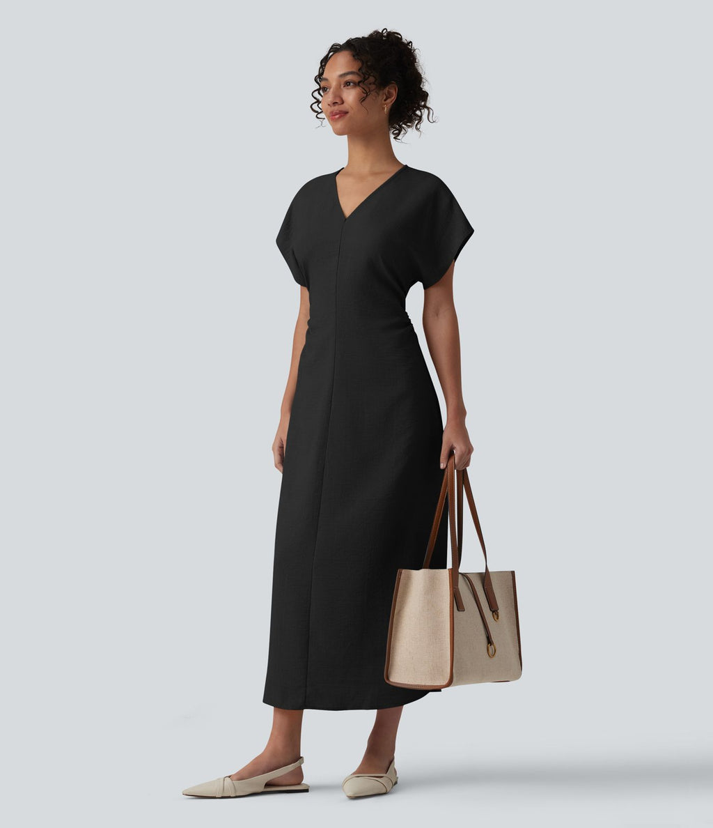 Robe longue tailleur évasée col V à manches courtes avec fermeture éclair invisible et drapé froncé