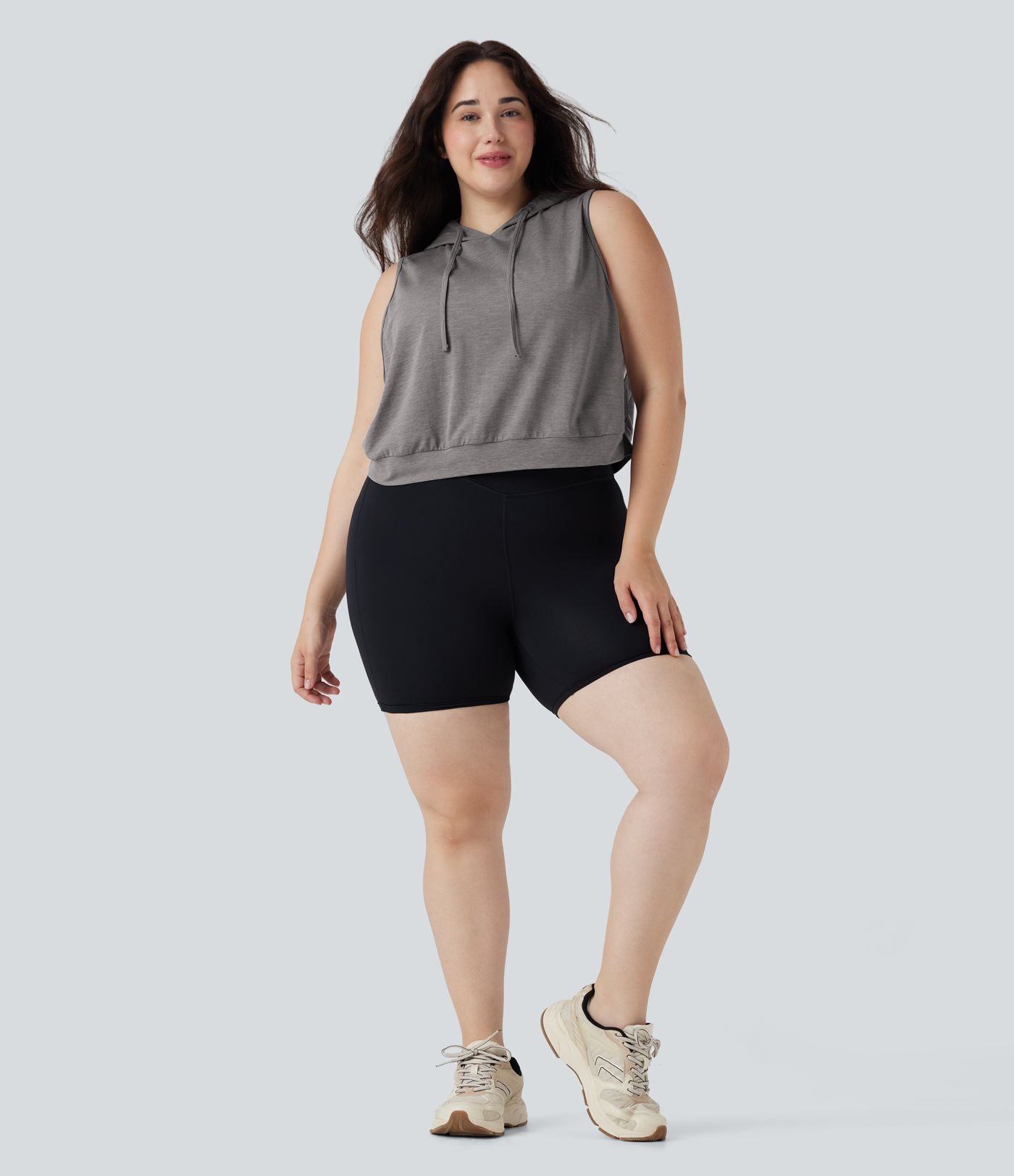 Débardeur de course grande taille crop top à capuche sans manches avec cordon de serrage