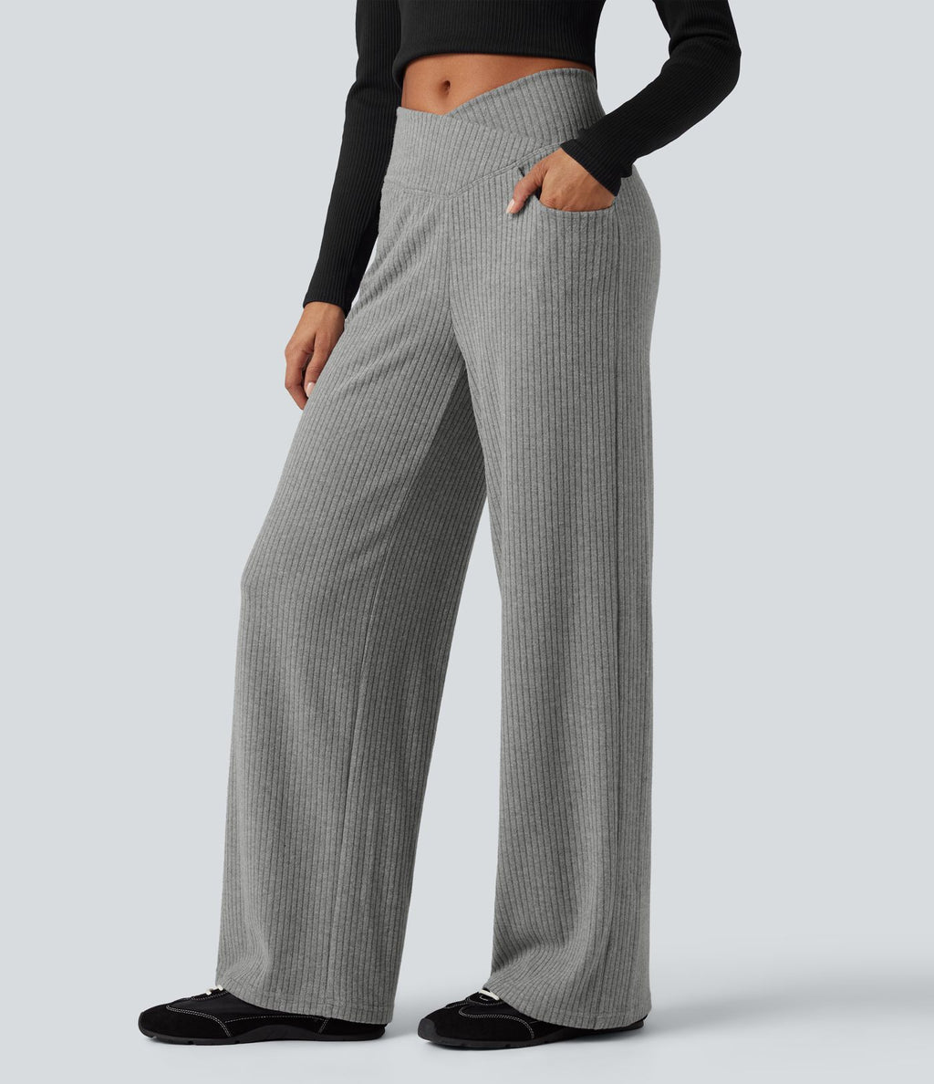 Pantalon droit décontracté côtelé croisé gainant taille haute avec poches