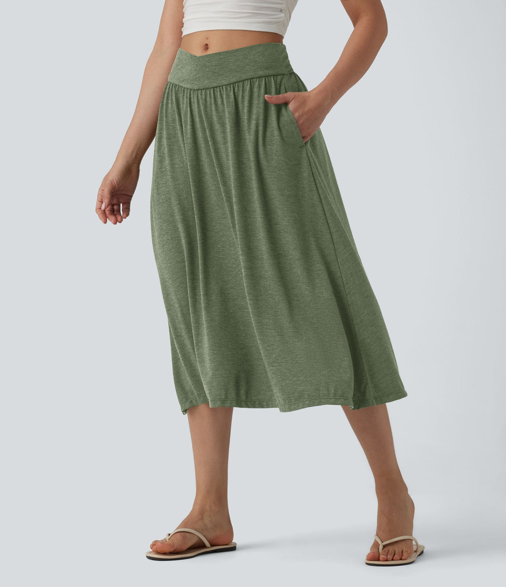 Jupe midi casual fluide croisée taille haute avec poches