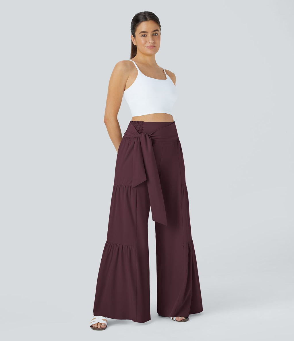 Breezeful™ Pantalon Large Casual Taille Haute Froncé à Nouer Devant et Dos Fluide Séchage Rapide