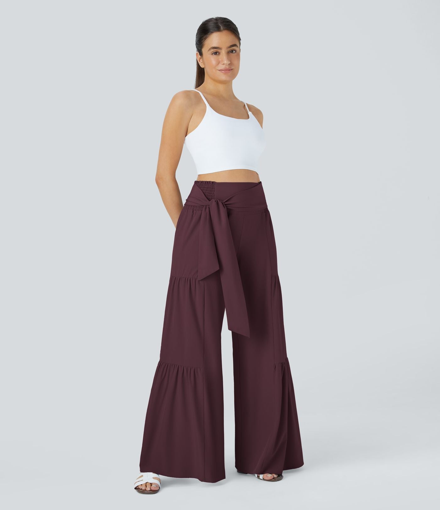 Breezeful™ Pantalon Large Casual Taille Haute Froncé à Nouer Devant et Dos Fluide Séchage Rapide
