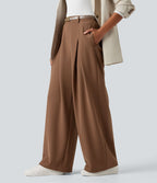 Pantalon tailleur large, taille haute, à poches