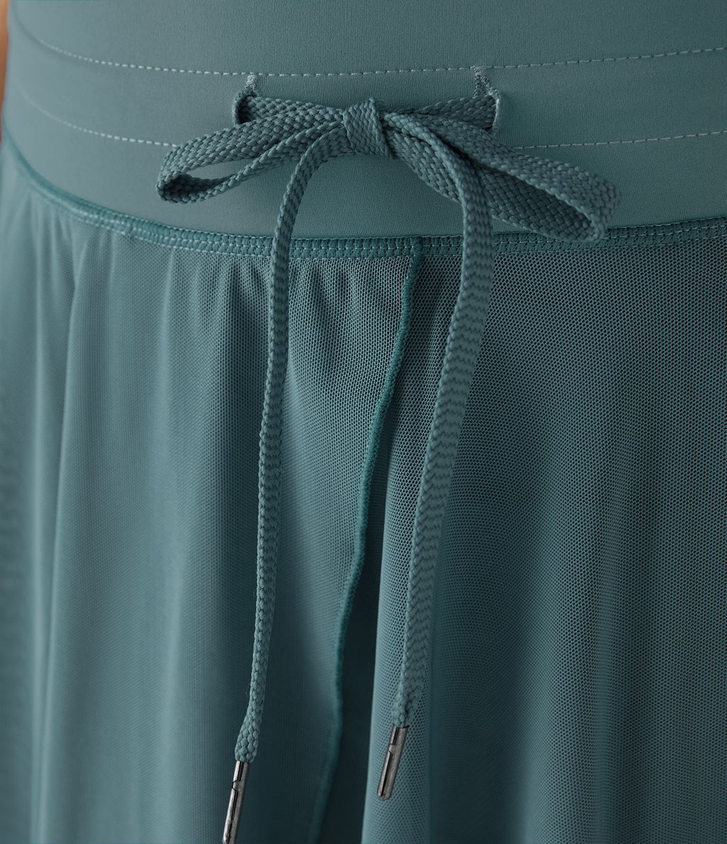 Jupe Casual Évasée Fluide 2 en 1 en Maille Contrastée Taille Haute Cordon de Serrage Poche Latérale