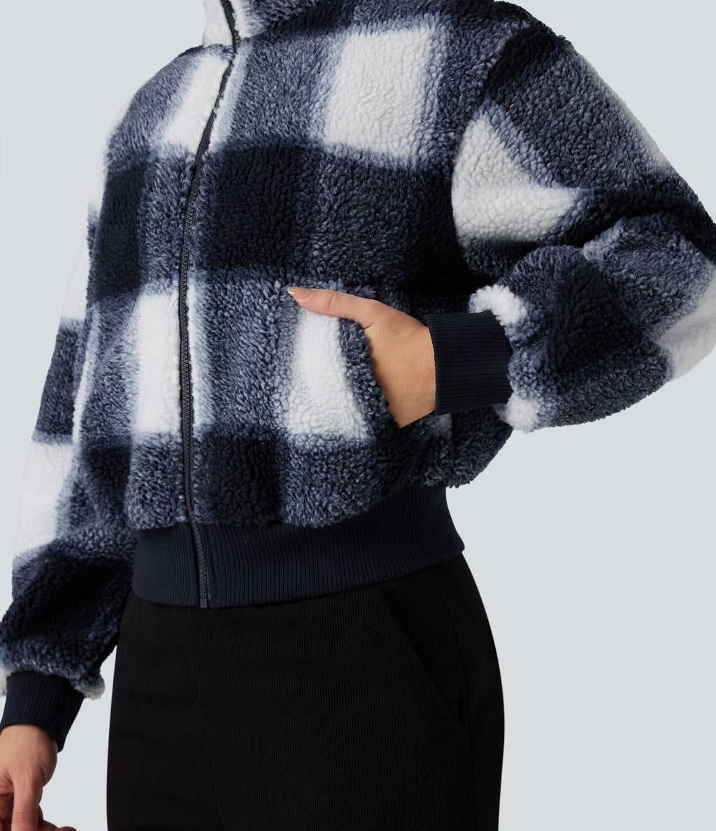 Veste sherpa col montant côtes contrastantes avec fermeture éclair et poches