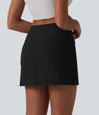 Jupe mini casual 2-en-1 trapèze taille haute en popeline extensible avec poches