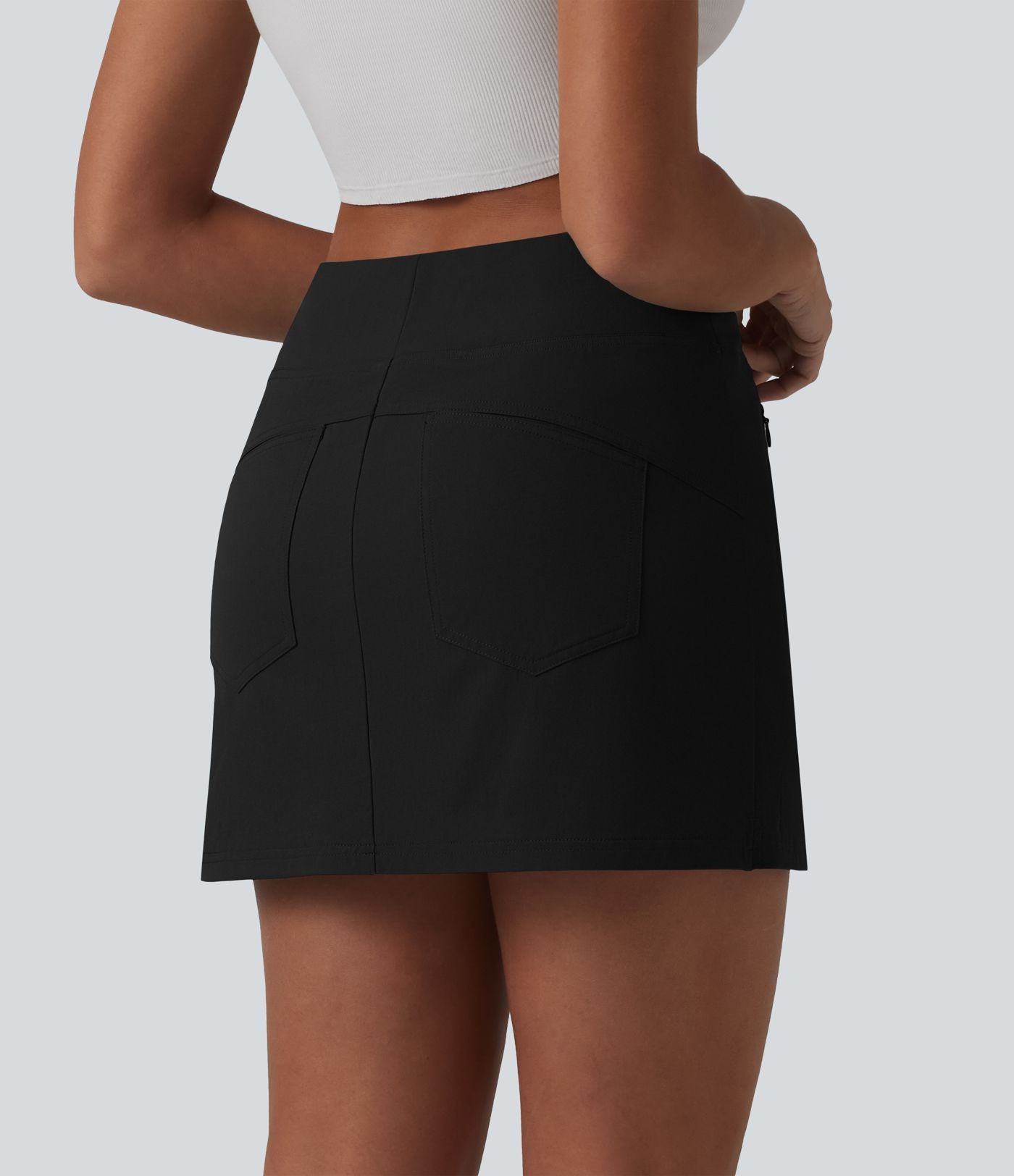 Jupe mini casual 2-en-1 trapèze taille haute en popeline extensible avec poches
