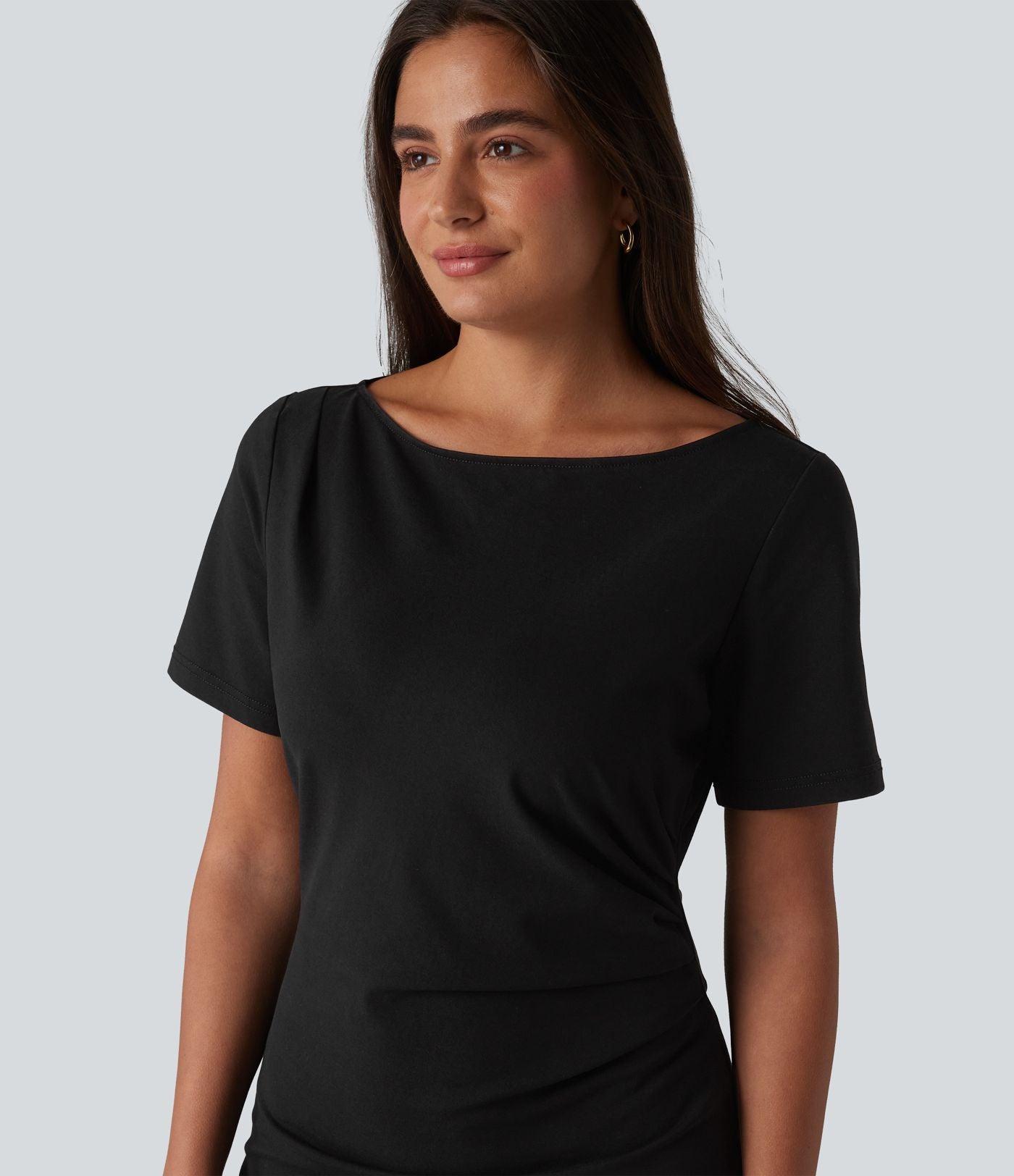 Halara Flex™ Robe casual mi-longue en jean col bateau à manches courtes, froncée avec fente