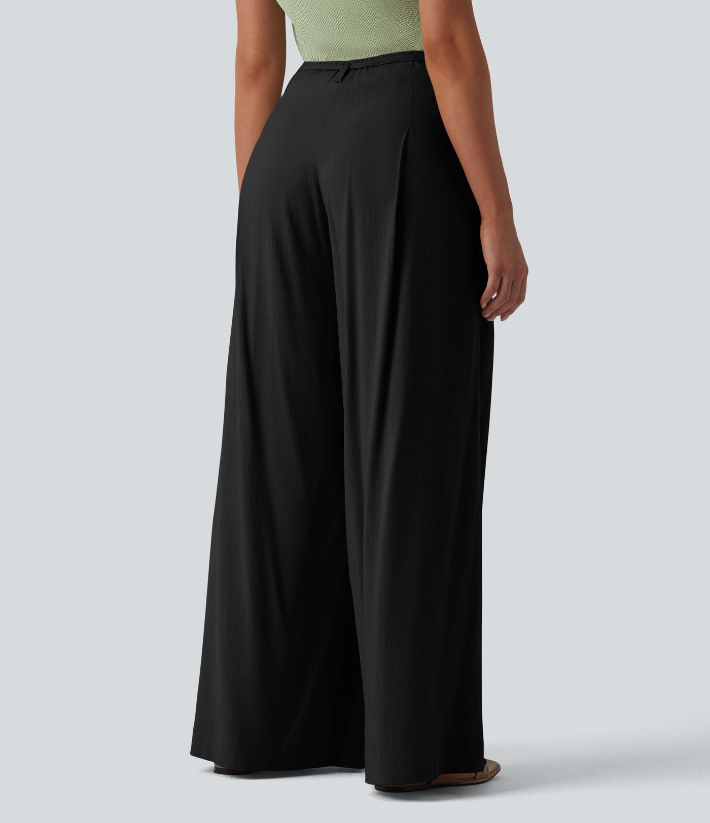 Pantalon large fluide taille mi-haute aspect lin avec ceinture et poches