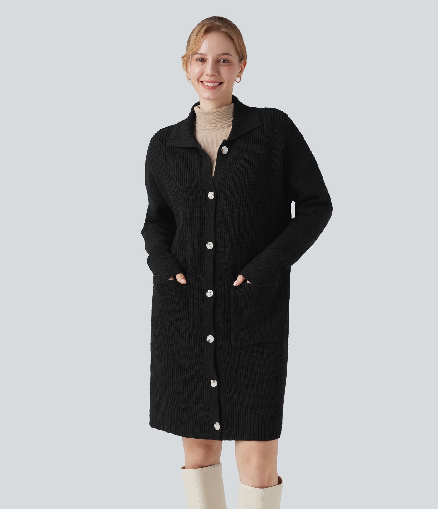 Gilet long casual col manches longues boutonné avec poches