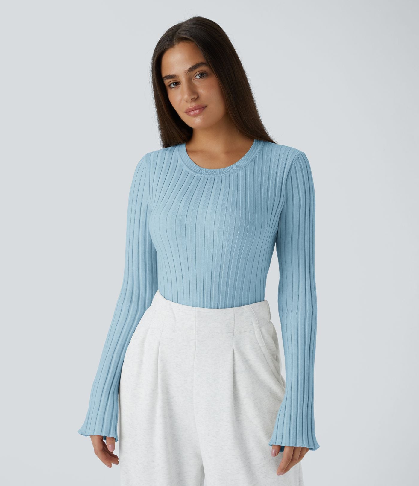 Pull Décontracté à Col Rond, Manches Longues et Volants