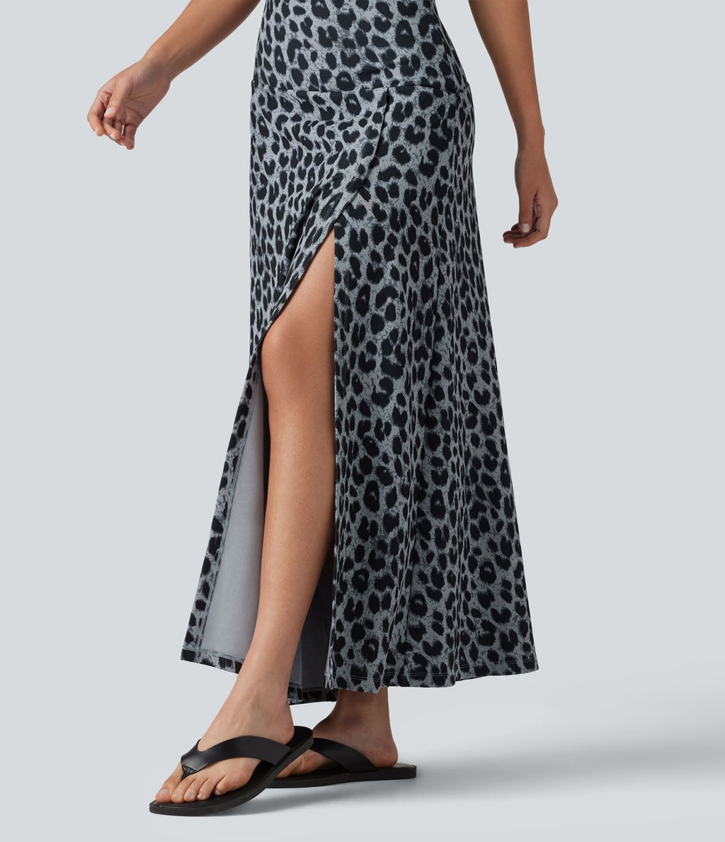 Jupe casual maxi gaufrée léopard taille haute gainante à poche