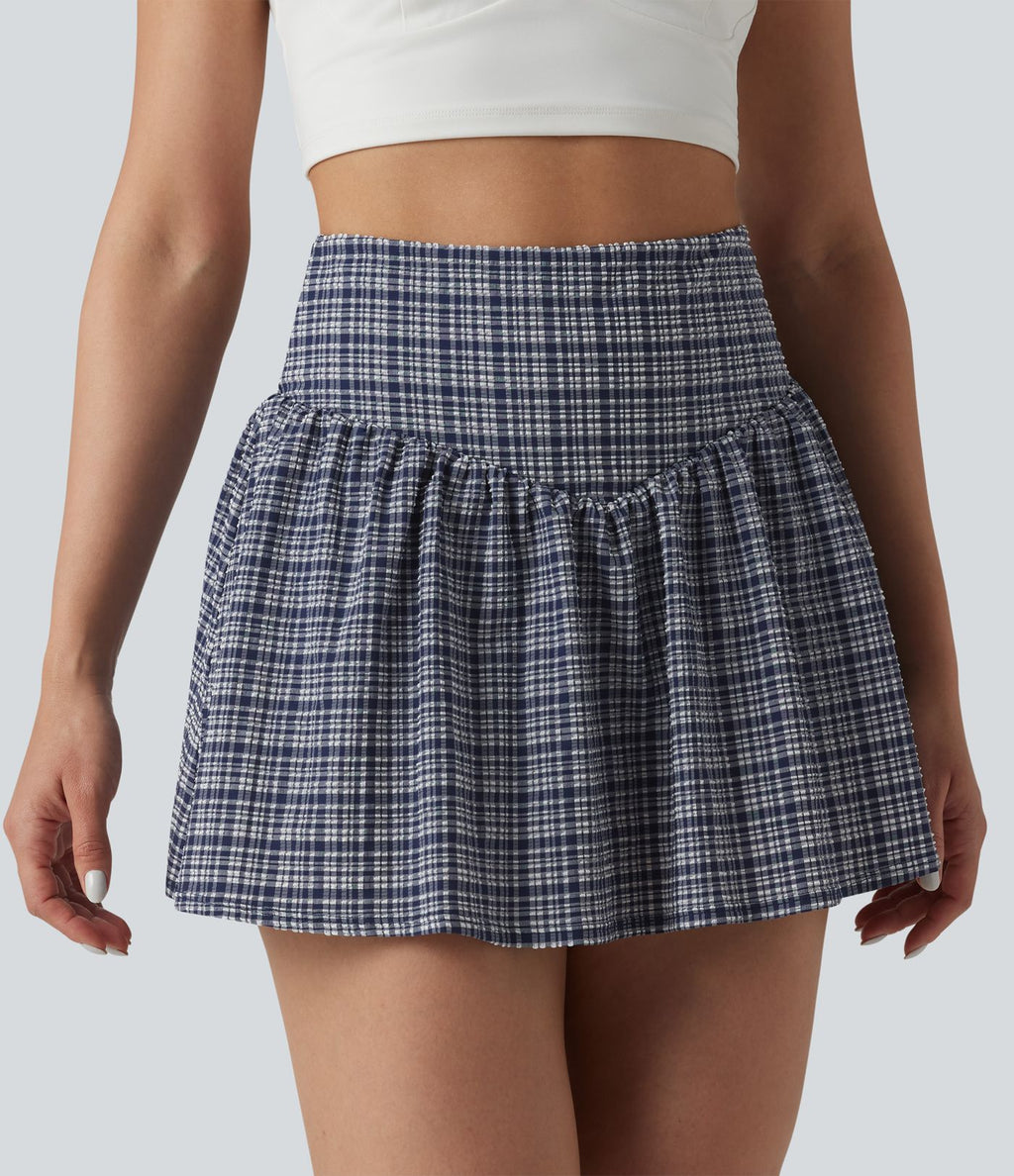 Jupe de tennis courte 2-en-1 trapèze taille haute à carreaux en tissu froissé séchage rapide avec poches