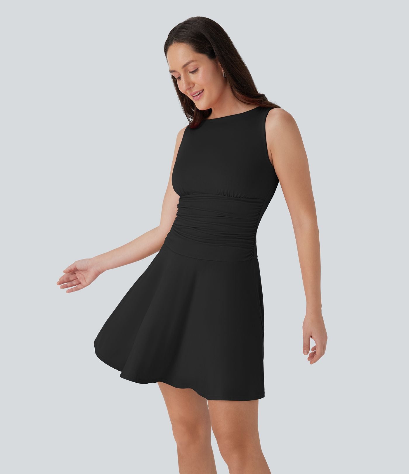 Mini-robe décontractée fluide à encolure bateau, sans manches et fronces