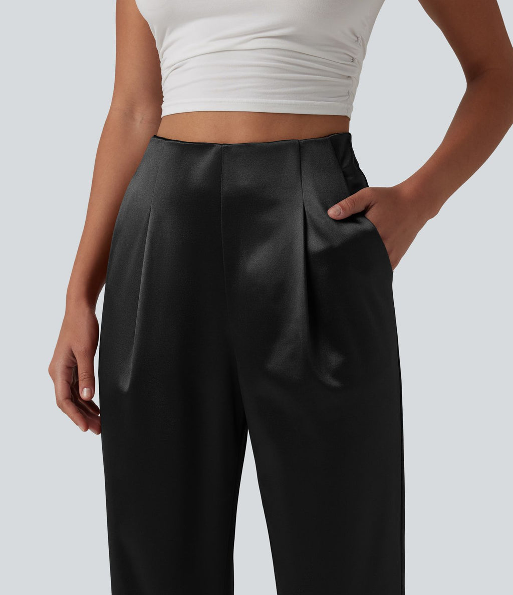 Pantalon tailleur fuselé en satin taille haute avec poches