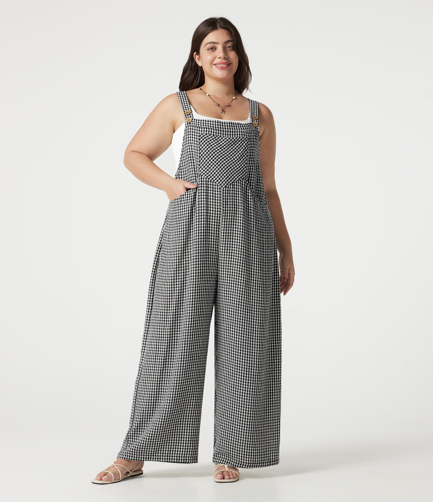 Salopette grande taille effet lin à carreaux avec poches