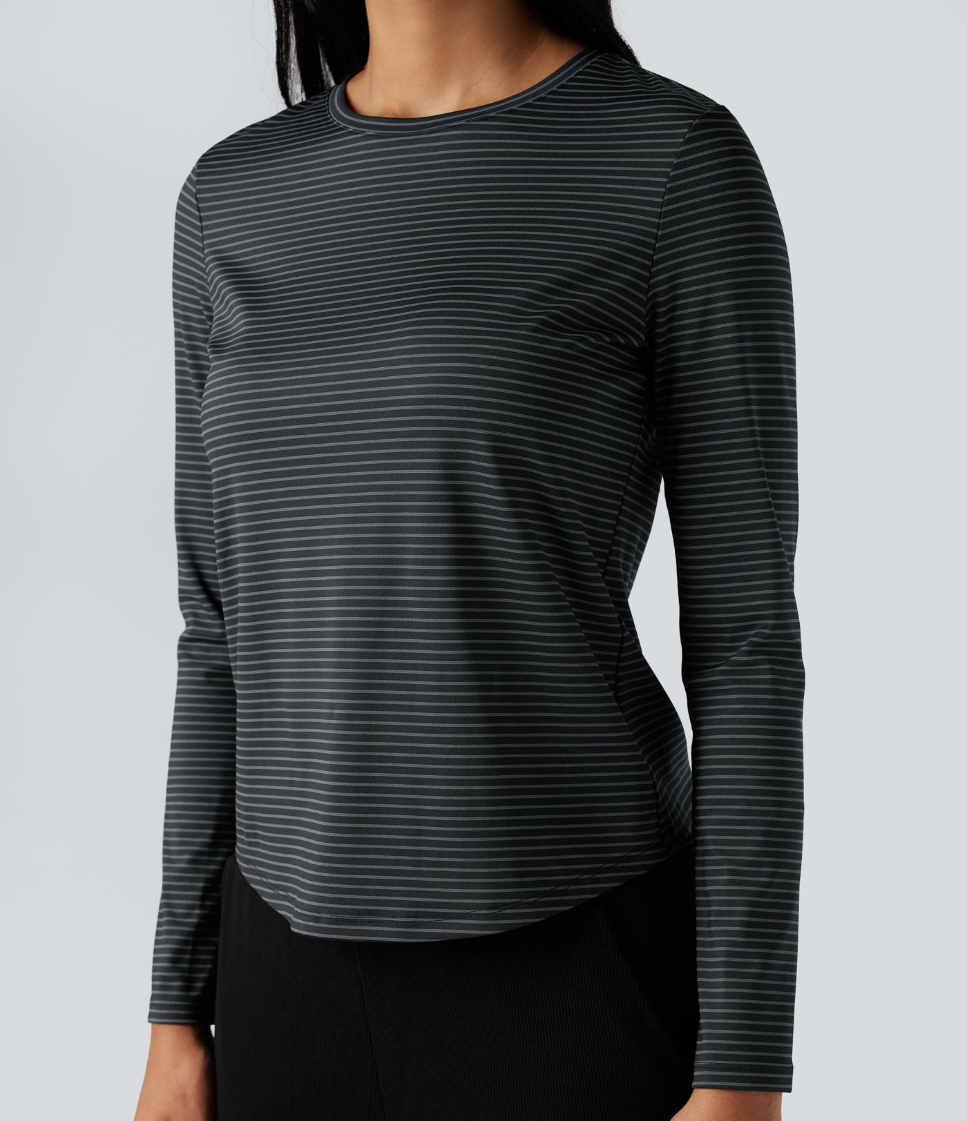 Top de sport yoga rayé ourlet arrondi col rond manches longues