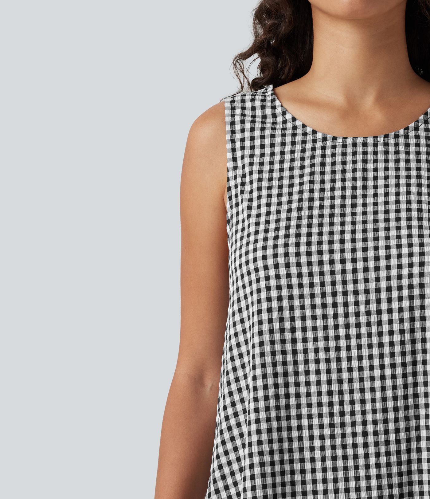 Robe débardeur midi décontractée en vichy froissé, col rond, sans manches, à poches