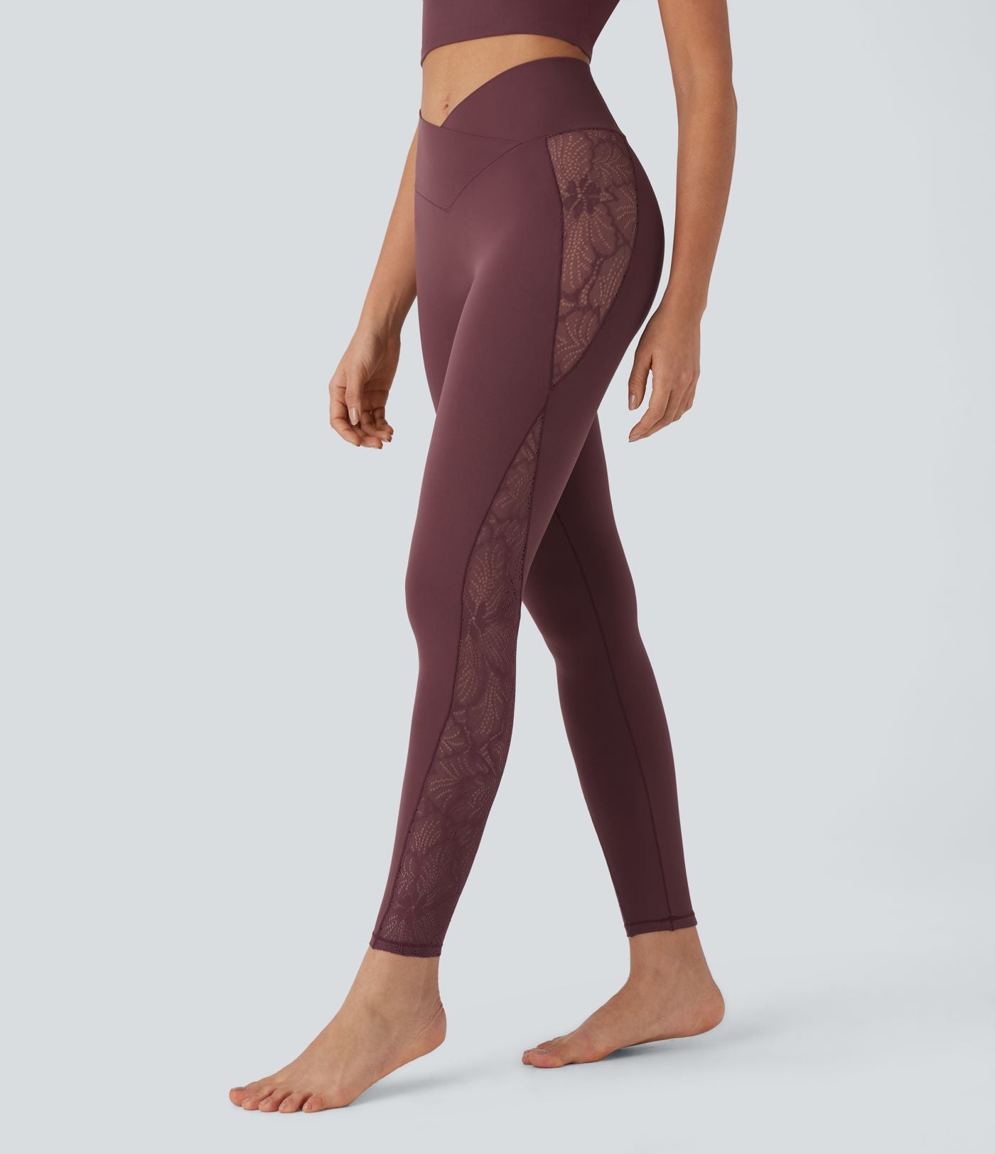 Softlyzero™ Legging Yoga 7/8 Taille Haute avec Poche au Dos Découpe Croisée et Dentelle Contrastante
