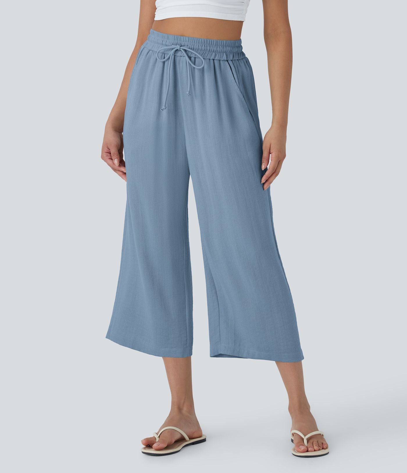 Pantalon décontracté aspect lin 7/8 à taille haute, jambe large avec cordon de serrage et poches latérales