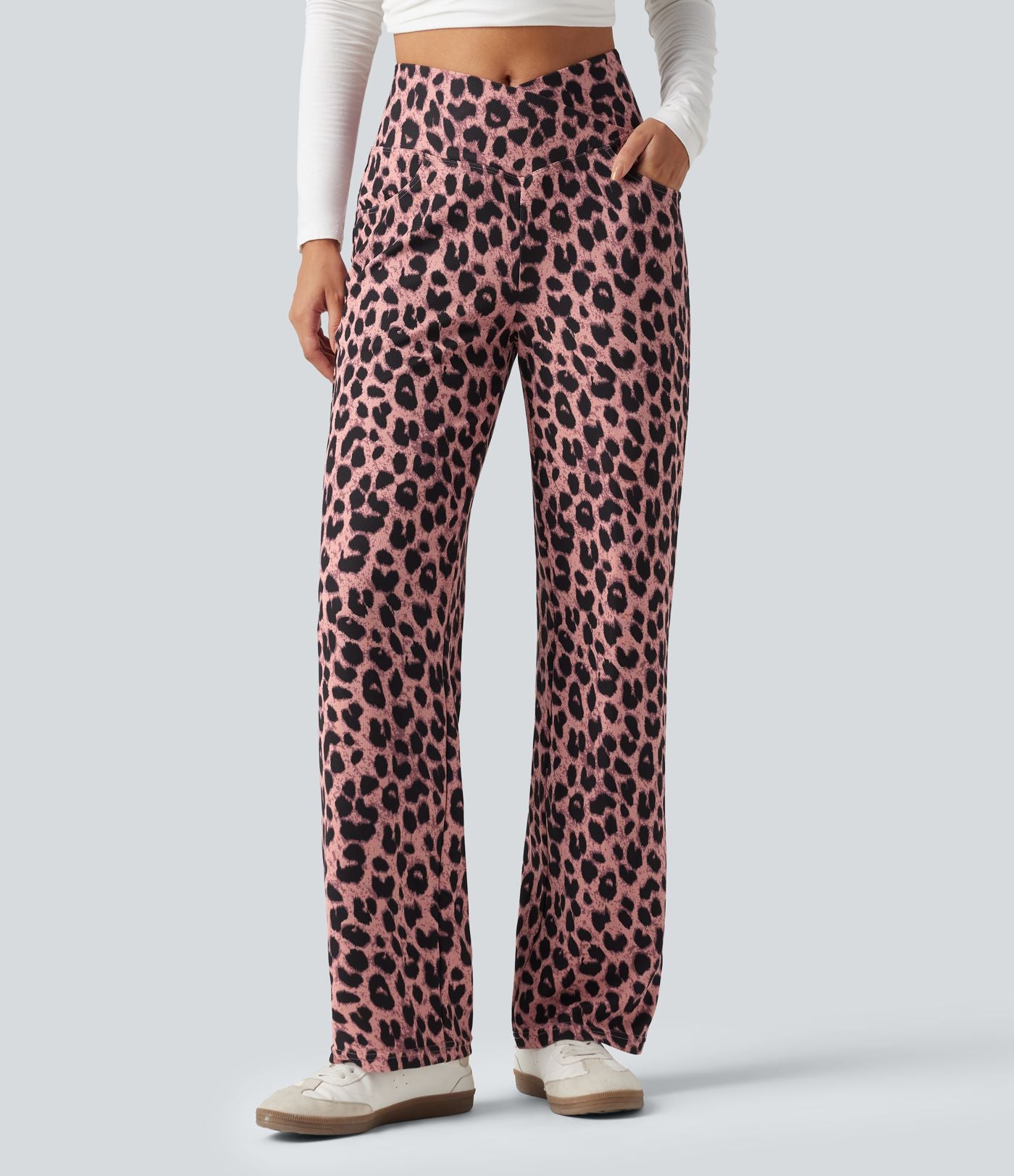 Pantalon large décontracté taille haute croisé imprimé léopard en tissu gaufré avec poches