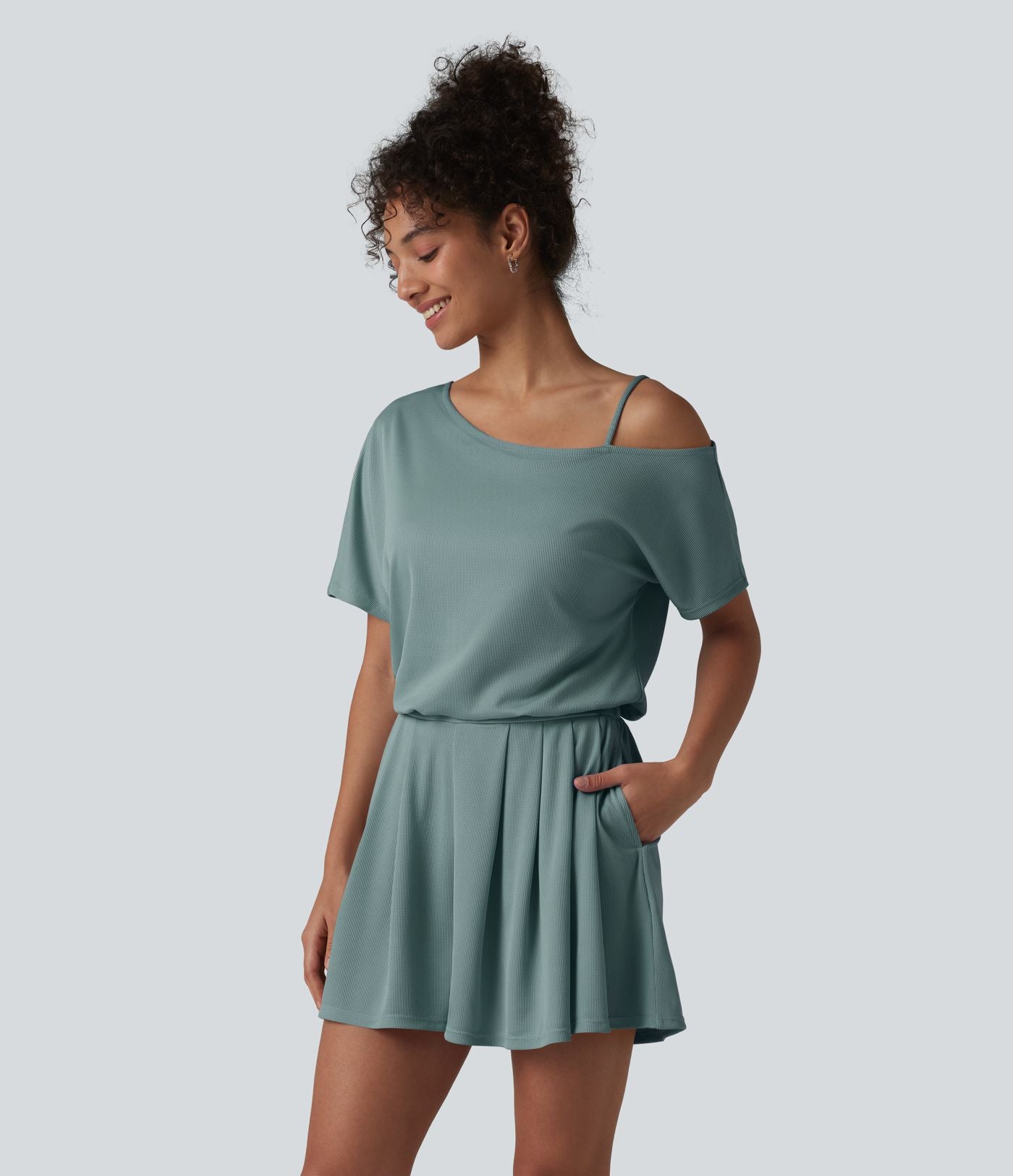 Combishort casual asymétrique manches courtes plissé en nid d'abeille avec poches - Édition Easy Peasy