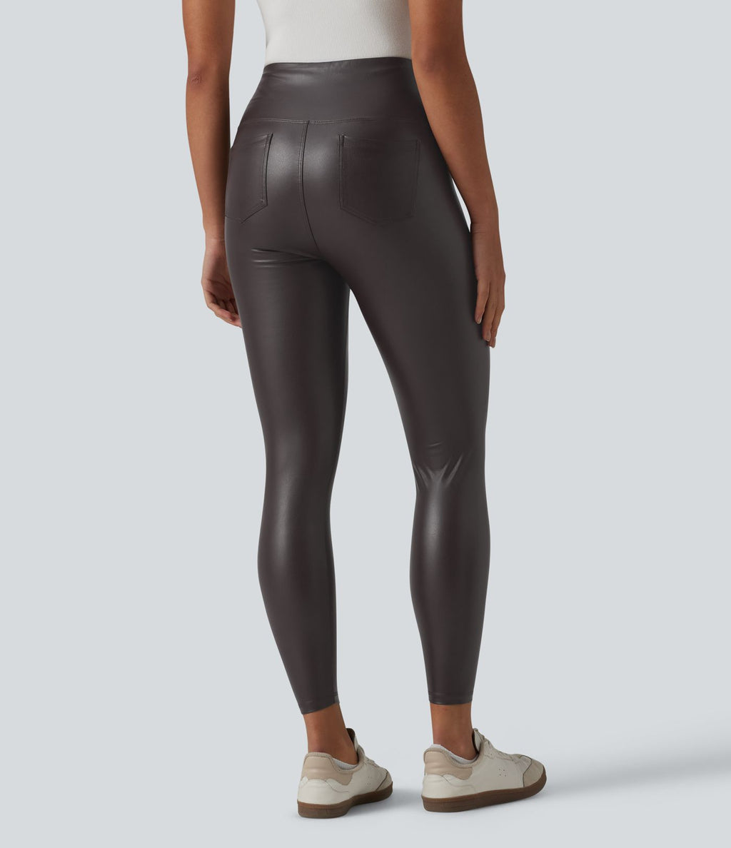 Legging casual 7/8 taille haute ventre plat en similicuir extensible, avec poches