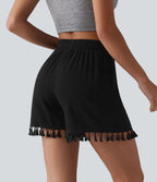 Short ample de vacances en mélange de lin taille haute avec cordon de serrage et ourlet à franges à poches