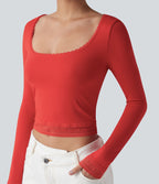 T-shirt à col U, dentelle contrastante et manches longues