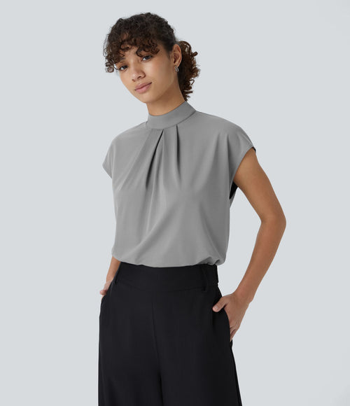 Blouse de Travail à Col Montant Plissée avec Boutons dans le Dos et Manches Courtes